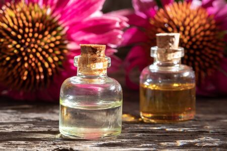 Bottles of essential oil with echinacea flowers in the backgroundの写真素材