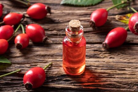 A bottle of rosehip seed oil with fresh berriesの写真素材