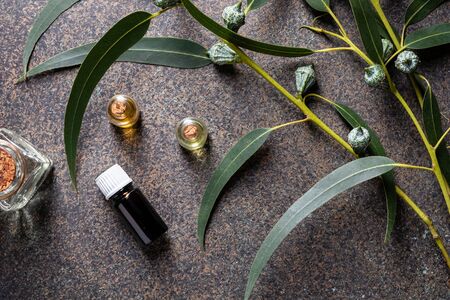 Bottles of essential oil with fresh eucalyptus twigs, top viewの写真素材