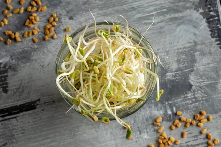 Sprouted fenugreek seeds in a glass, top view