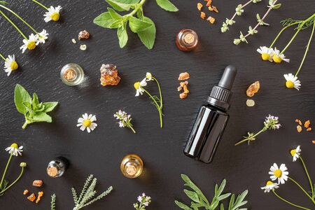 Bottles of essential oil with frankincense, chamomile, oregano, marjoram and other herbsの写真素材