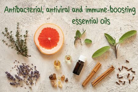 Selection of antibacterial, antiviral and immune-boosting essential oils on a bright backgroundの写真素材