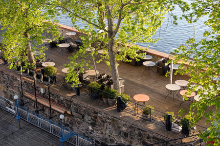 PRAGUE, CZECH REPUBLIC - APRIL 16, 2020: Empty closed outdoor restaurant during the coronavirus pandemicのeditorial素材