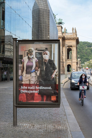 PRAGUE, CZECH REPUBLIC - MAY 22, 2020: Coronavirus poster in the streets, saying: You are our heroes, thank youのeditorial素材