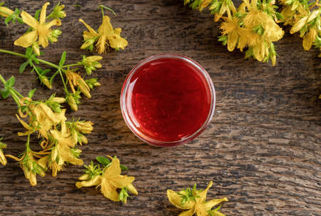 Red oil made from St. John's wort flowers in a bowl, top viewの写真素材