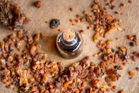 A bottle of myrrh essential oil and resin