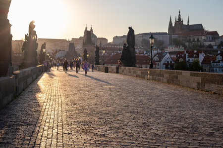 PRAGUE, CZECH REPUBLIC - APRIL 16, 2020: Half-empty Charles Bridge during the first wave of the coronavirus outbreakのeditorial素材