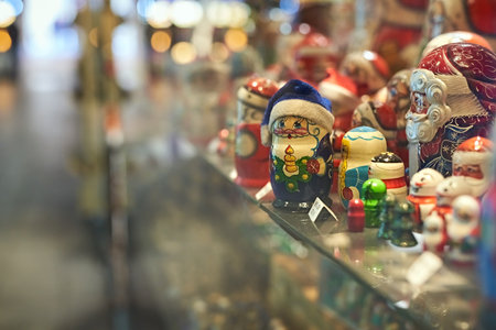 PRAGUE, CZECH REPUBLIC - OCTOBER 05, 2020: Russian matryoshka toys in the vitrine of a touristic shopのeditorial素材