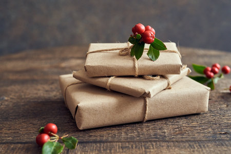 Christmas presents wrapped in ecological recycled paper with wintergreen twigs on a table