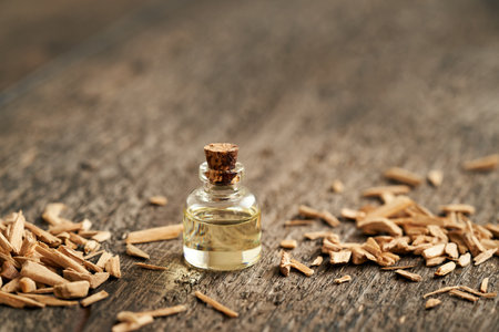 A bottle of essential oil with cedar wood chips, with copy space