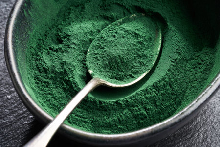 Spirulina powder on a spoon and in a bowlの写真素材