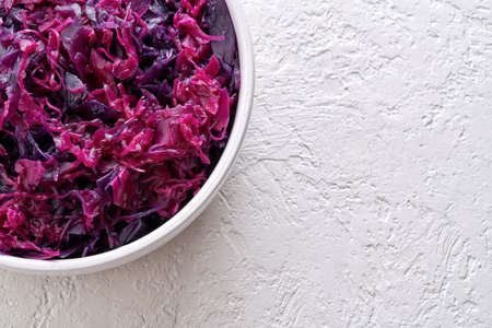 Fermented purple cabbage on a bright background with copy spaceの写真素材