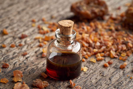 A bottle of myrrh essential oil and resinの写真素材