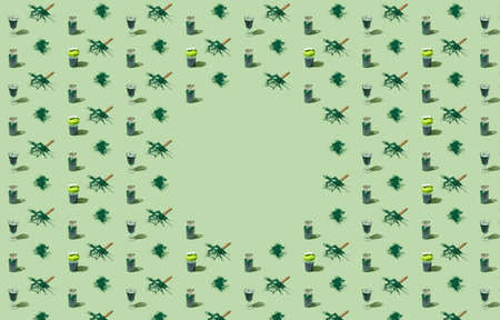 Creative isometric pattern made of green spirulina powder and drinks, with copy space in the middleの写真素材