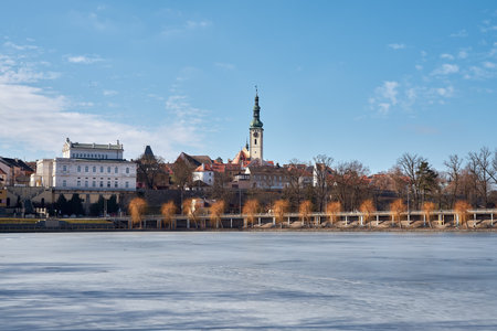 TABOR, CZECH REPUBLIC - FEBRUARY 28, 2021: Panorama of the town behind the Jordan artifical lakeのeditorial素材