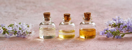 Panoramic banner of essential oil bottles with fresh lavender flowers on pastel pink background.の写真素材