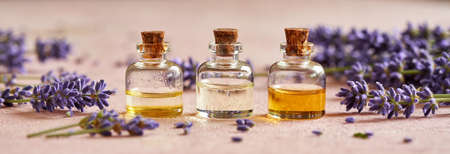 Essential oil bottles with fresh blooming lavender twigs on pink pastel background - panoramic bannerの写真素材