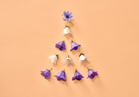Christmas tree shape made of summer campanula flowers and chicory blossom on pastel background with copy spaceの写真素材