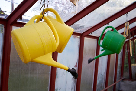 Watering cans hanging in a greenhouseの写真素材