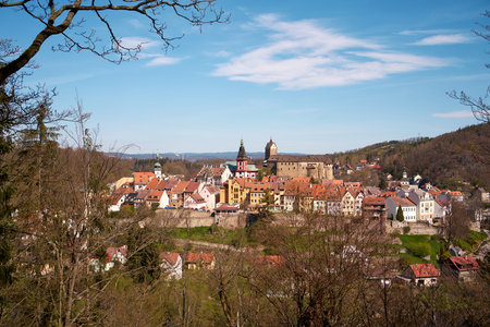 LOKET, CZECH REPUBLIC - MAY 9, 2021: Panorama of the town with the castle and hills in springのeditorial素材