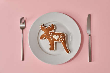 Handmade gingerbread Christmas cookie in the form of a moose on a white plate on pastel pink background, top viewの写真素材