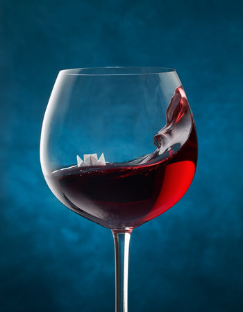 Paper boat floating in a glass of red wine with a waveの写真素材