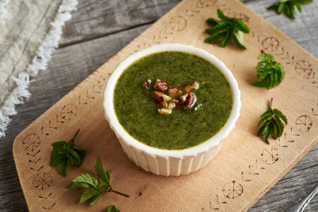 A bowl of homemade pesto made from young ground elder leaves - wild edible plant collected in early springの写真素材