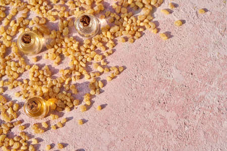 Bottles of essential oil with frankincense resin on pink background with copy space