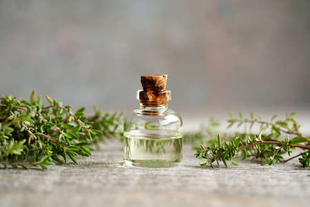 A bottle of essential oil with fresh thyme plant, with copy spaceの写真素材