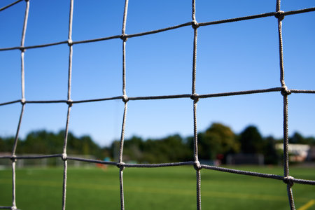 Closeup of a net at a sports playground, with green grass and blue sky in the background