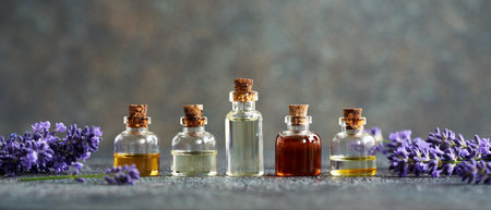 Banner with bottles of aromatherapy essential oil with fresh lavender flowersの写真素材
