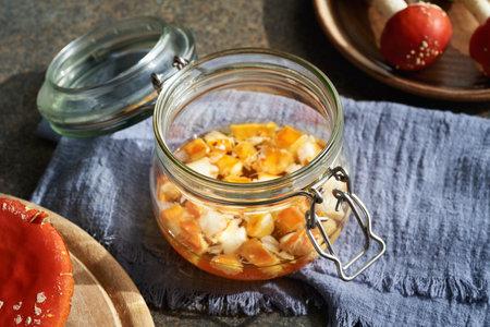Preparation of tincture from orange fly agaric or amanita mushroom in a glass jar