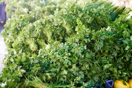 Fresh parsley and other green herbs on display at the farmers marketの写真素材
