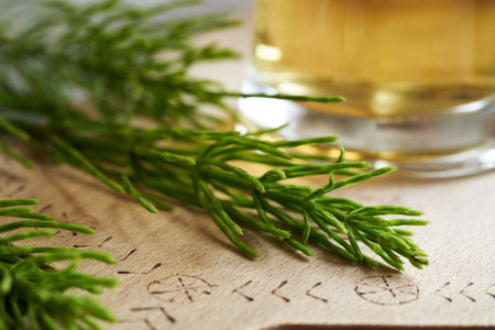 Fresh horsetail or Equisetum twigs with a cup of herbal tea in the backgroundの写真素材