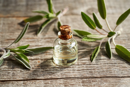 A transparent bottle of aromatherapy essential oil with fresh sage plant on wooden backgroundの写真素材