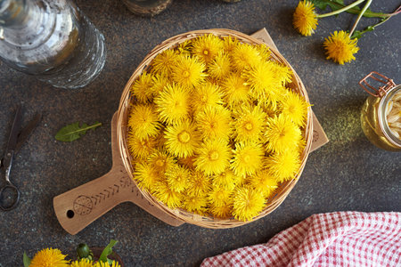 Fresh dandelion flowers collected in spring in a wicker basket on a table, top viewの写真素材
