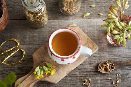 Cowslip herbal tea on wooden tableの写真素材