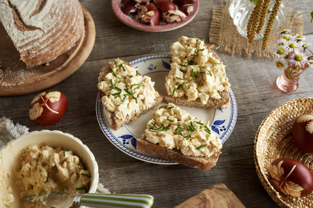 Slices of sourdough bread with spread made of hard-boiled Easter eggs and cottage cheese in springの写真素材