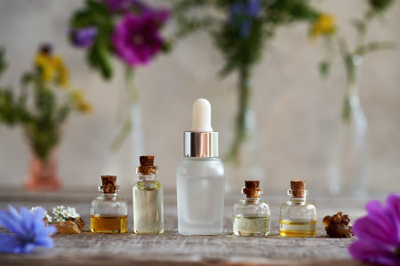 Several bottles of aromatherapy essential oils with frankincense, herbs and flowersの写真素材