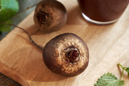 Fresh beet root on a table, with a glass of juice in the background