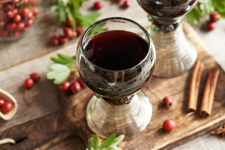 Medicinal wine prepared from fresh hawthorn berries in a cup made of so called forest glass full of...
