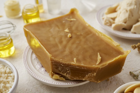 Bees wax with essential oils, herbs and shea butter - ingredients for homemade natural cosmetics