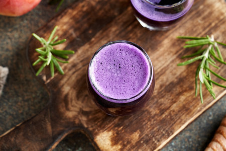 Fresh homemade purple cabbage juice, top viewの写真素材