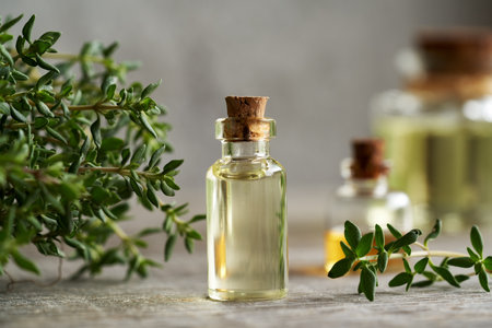 A transparent bottle of aromatherapy essential oil with fresh thyme twigs on a tableの写真素材