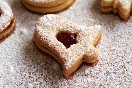 Bell shaped Linzer Christmas cookie filled with marmalade and dusted with sugar, close upの写真素材