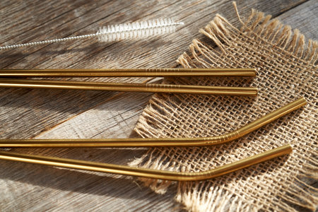 Ecological stainless steel straws with a brush. Zero waste concept.の写真素材