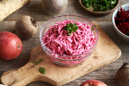 A bowl of beetroot salad with sour cream and applesの写真素材