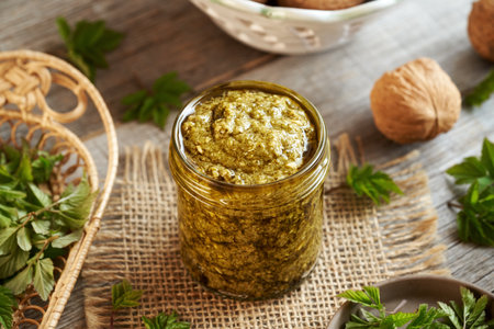 Homemade green pesto made of young goutweed leaves - a wild edible plant harvested in early springの写真素材