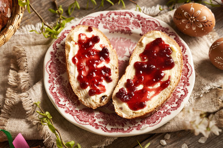 Two slices of traditional Czech sweet Easter cake called mazanec with butter and cranberry marmalade