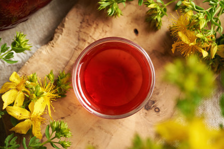 St. John's wort oil with fresh Hypericum flowers, top viewの写真素材